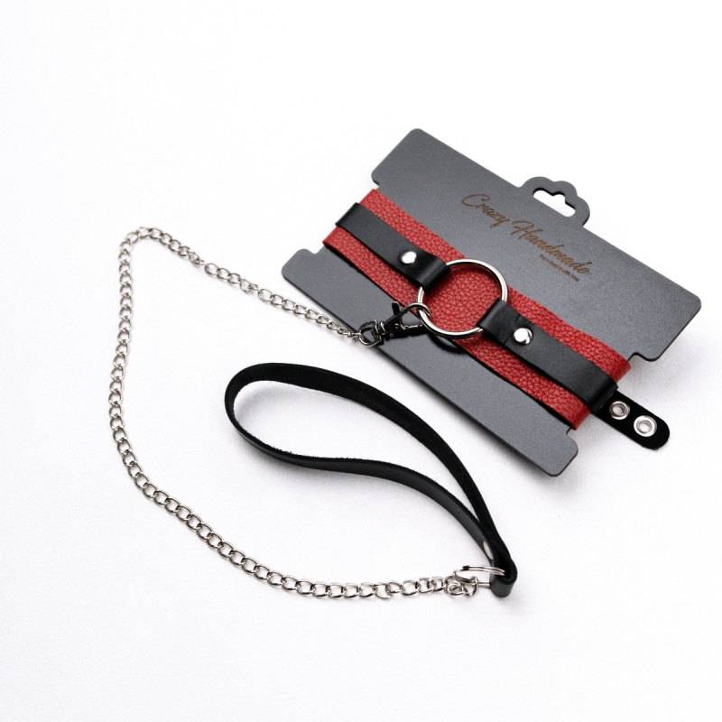 Ошейник с кольцом + поводок "Crazy Handmade" черно-красный, кожа 